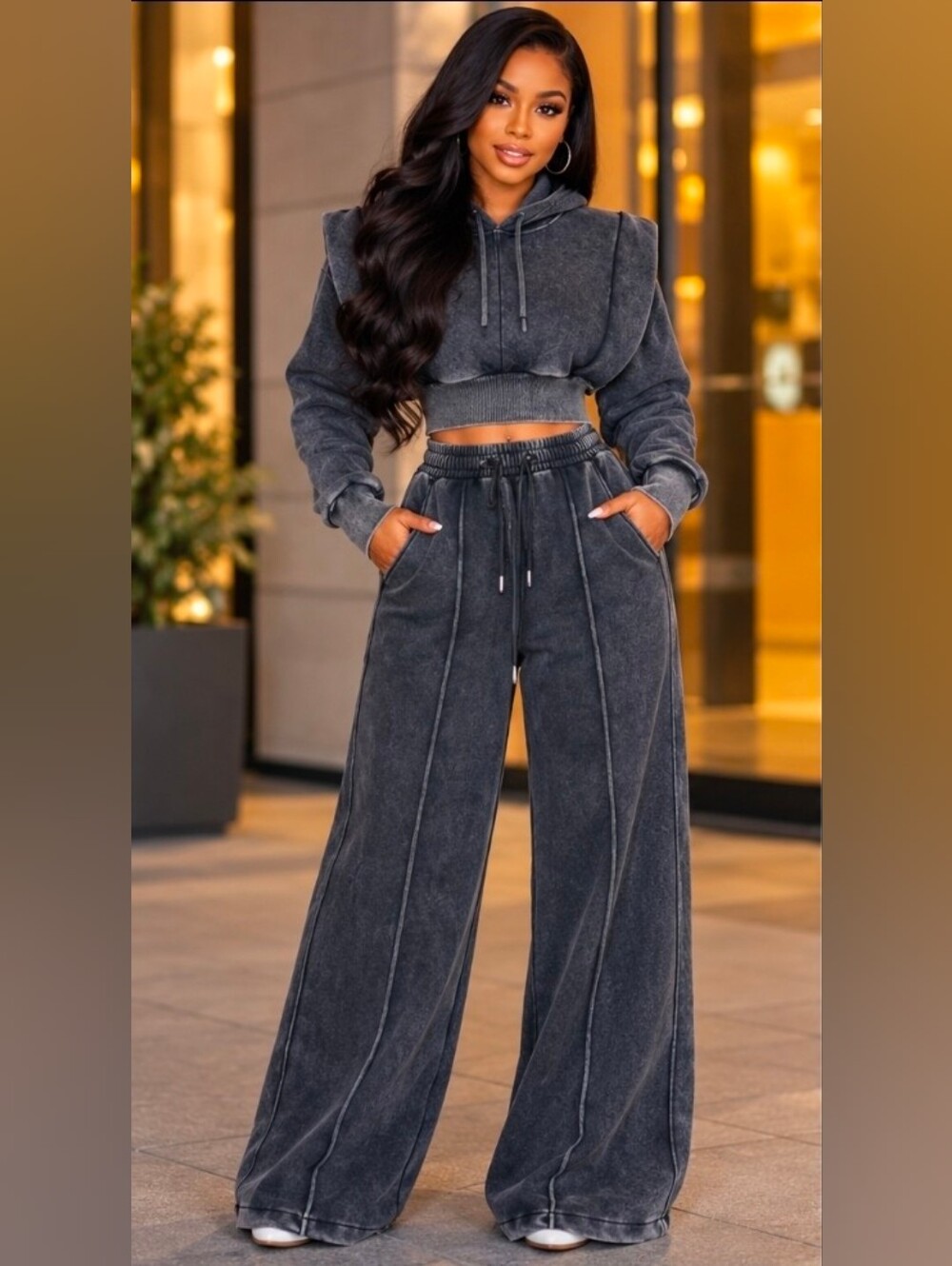 NEW! Elevated Wide-Leg Drawstring Jogger With  Hoodie Set In Washed Charcoal,NWT